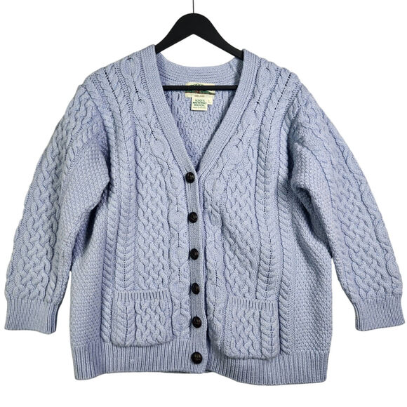 Aran Crafts Cable Knit Cardigan Sweater L Blue Ireland 100% Merino Wool Button - Picture 1 of 12